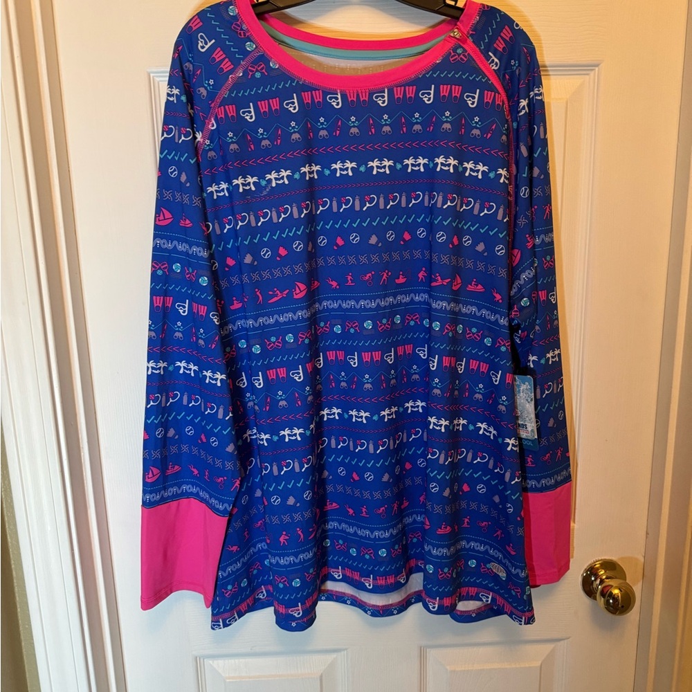 Blue and Pink Patterned Long Sleeve swim, cover-up shirt
